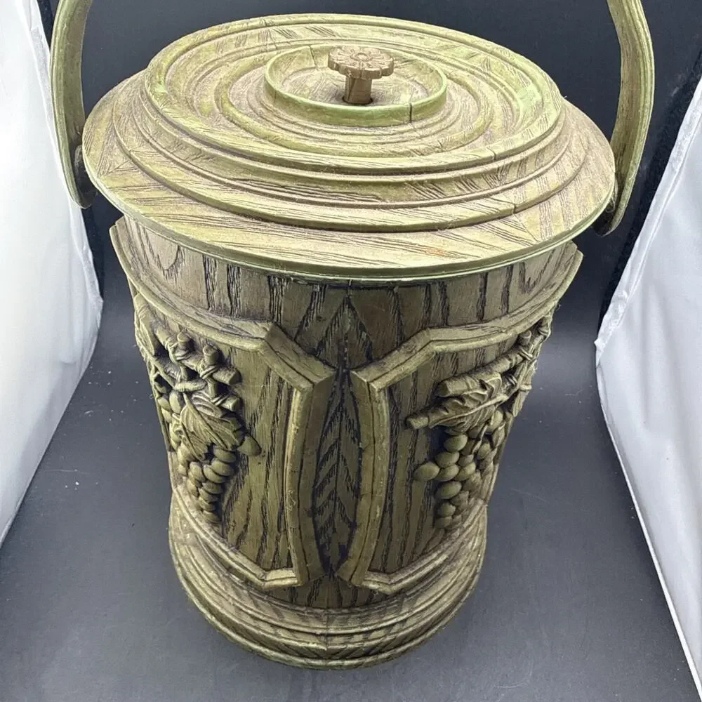 Avocado Green Vintage Faux Wood Ice Bucket Grapes Wine Cellar Barware 1970s